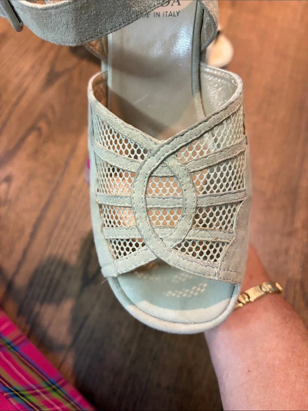 VARDA Size 6 1/2 Suede Laser-Cut Platform Sandals in Light Beige